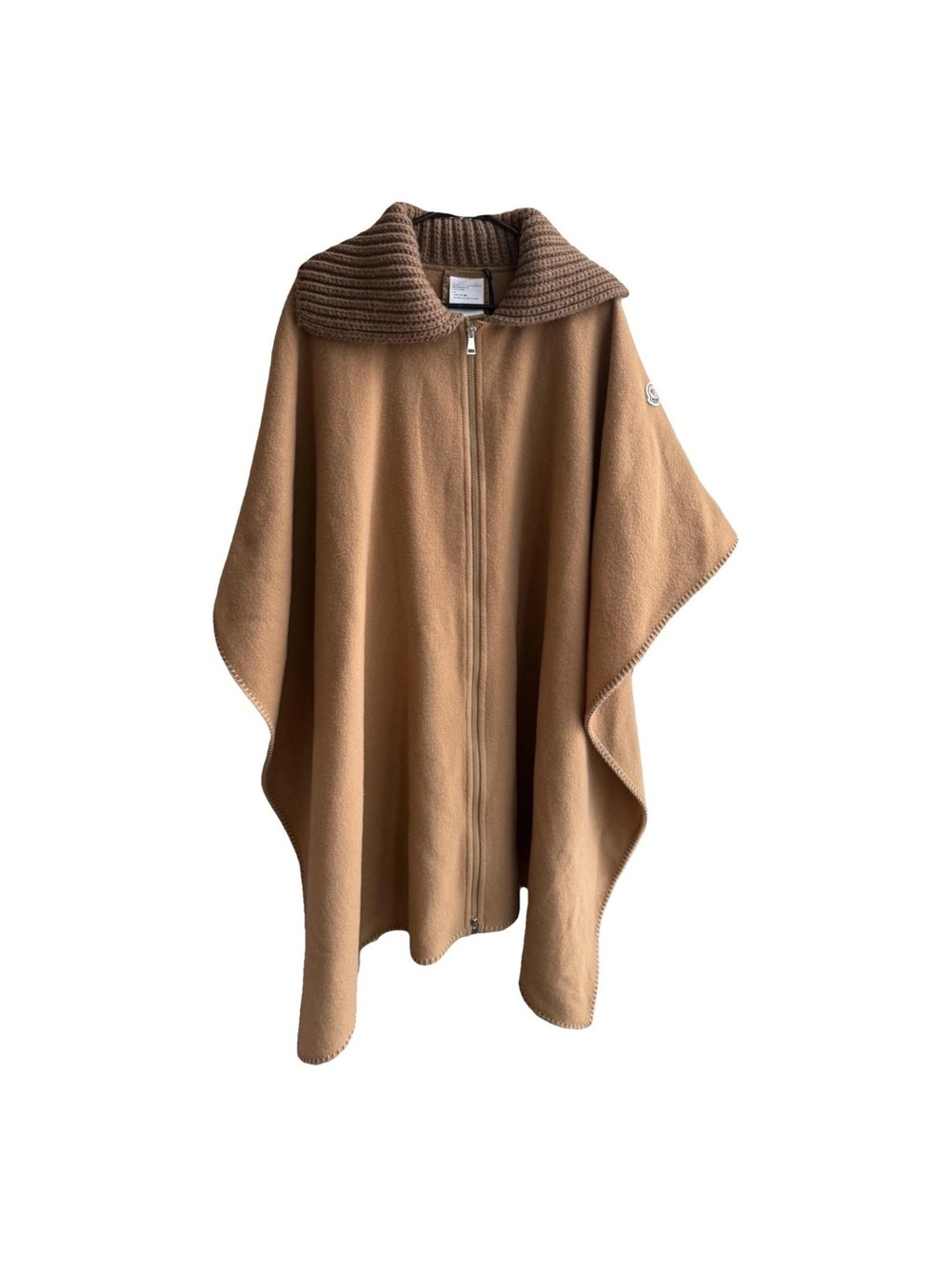 Moncler Camel Zip-Front Cape with Ribbed Collar